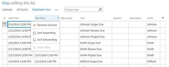 Calendar Datasheet View